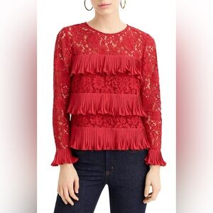 J. Crew Red Pleated Lace Top